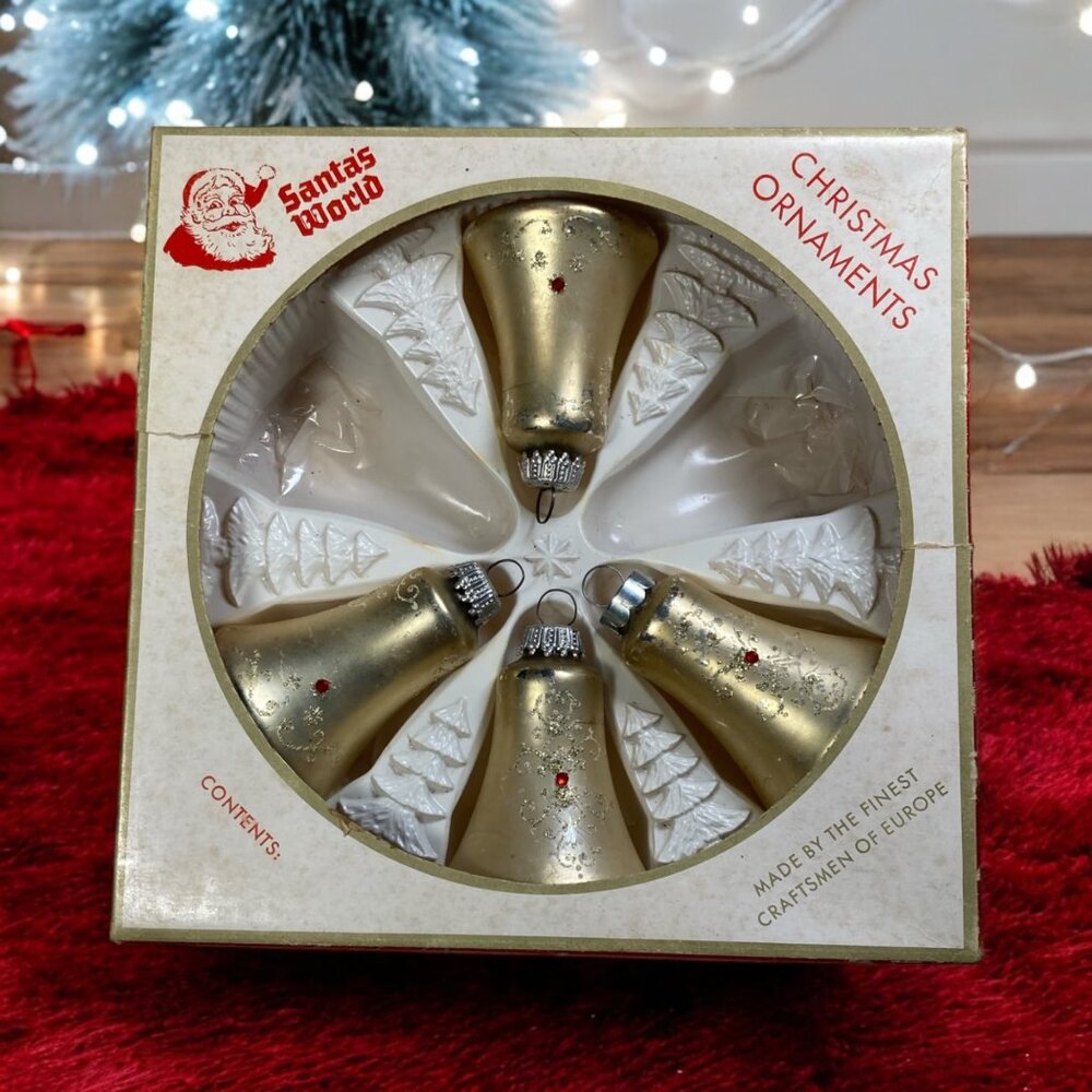 Mercury Glass Christmas Ornaments Vintage Gold Bells Set of 4 Made in Germany